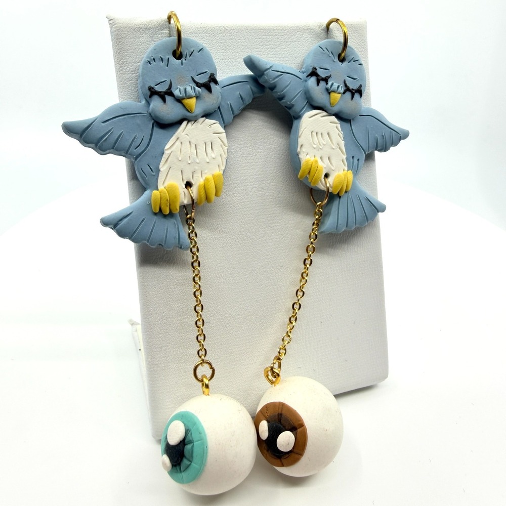 VTG Y2K Whimsical Blue Bird Eyeball Dangle Earrings Polymer Clay Oddity Novelty